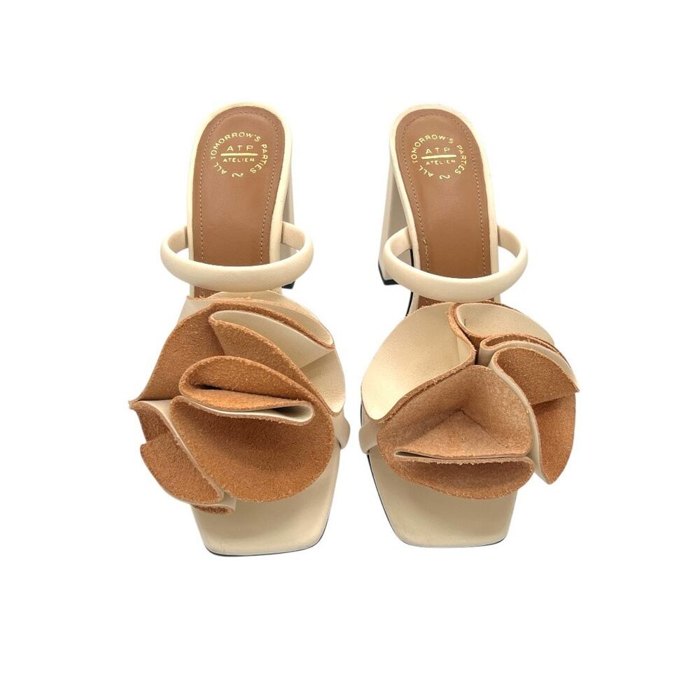 ATP Atelier Fossalto Leather Flower Mule Block Heel Sandals Ivory EU 38 Italy